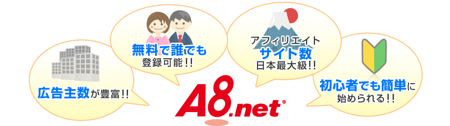 広告主数が豊富！！無料で誰でも登録可能！！アフィリエイトサイト数日本最大級！！初心者でも簡単に始められる！！