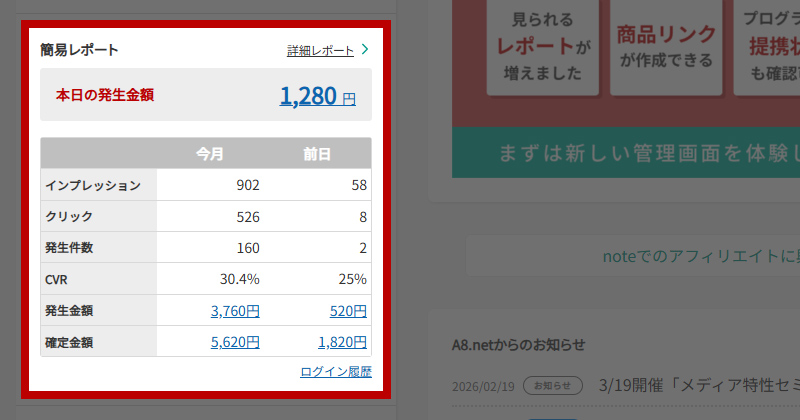 管理画面で簡易レポートを確認する